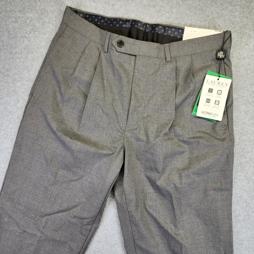 NEW Lauren Ralph Lauren Dress Pants Mens 32x34 UltraFlex Pleated Cuffed Gray